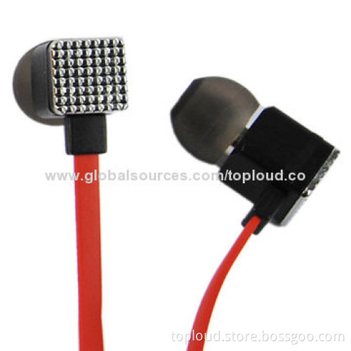 2014 Promotional Earphones for Smartphones, Flat Cord and Microphone, Crystal Design